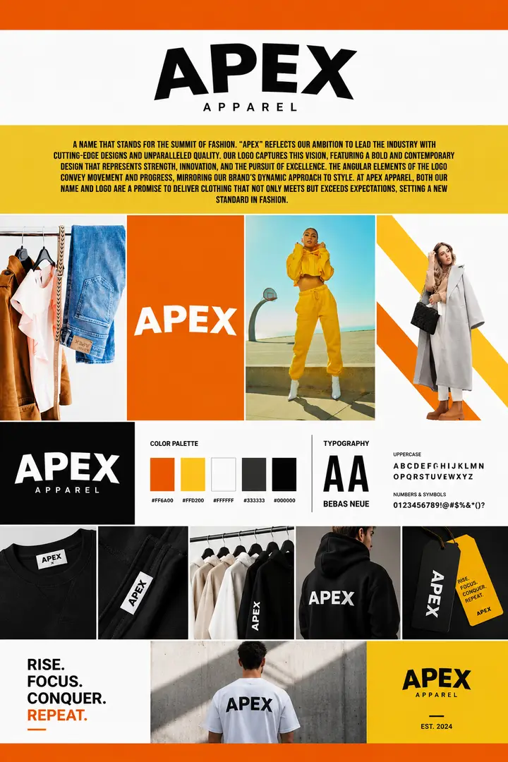 Apex Apparel sportswear brand identity, color palette, typography and athletic clothing mockups