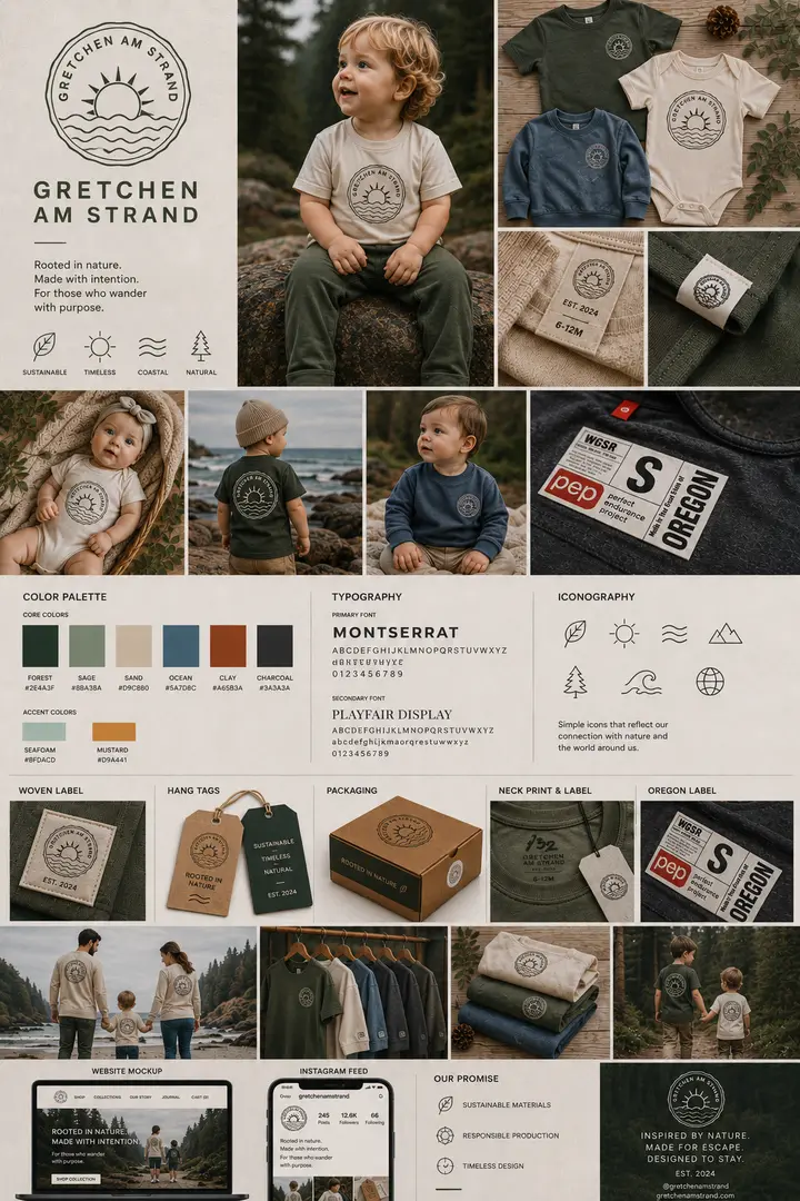 Gretchen am Strand nature inspired family apparel brand with logo, hang tags and packaging