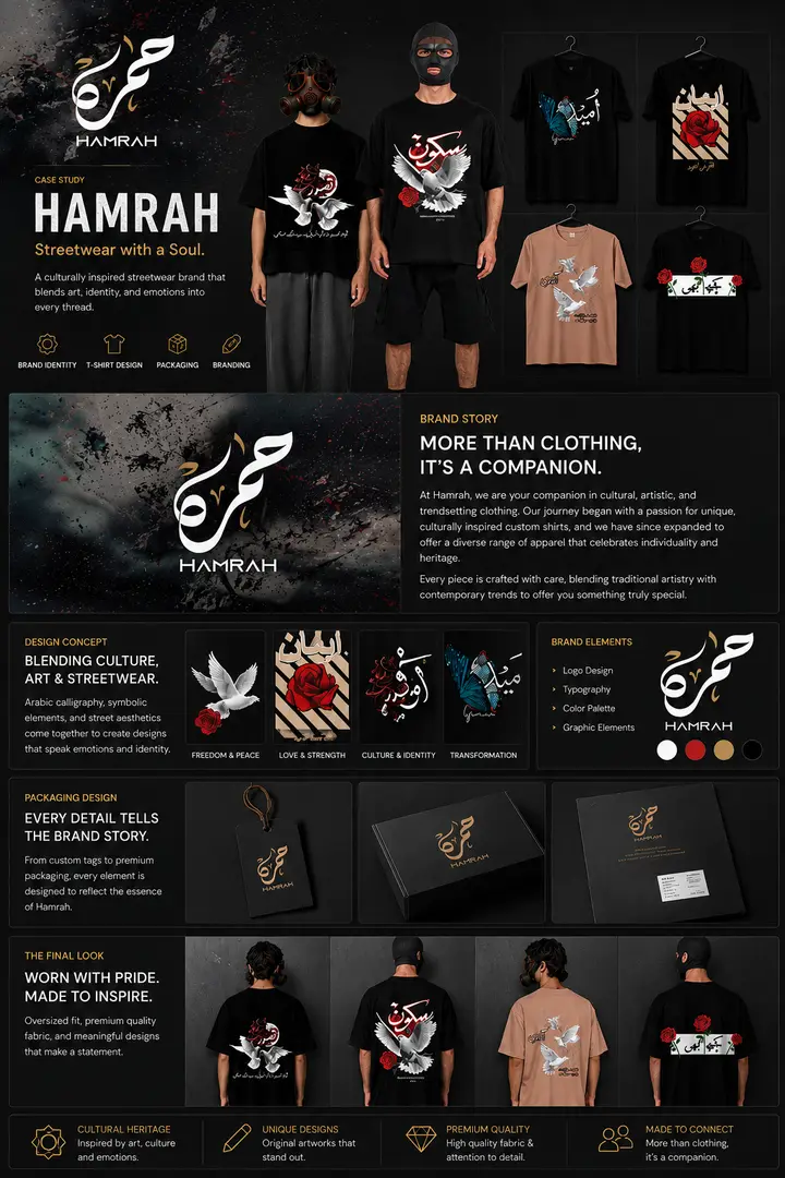 Hamrah streetwear brand identity with calligraphy logo, graphic T-shirt designs and packaging