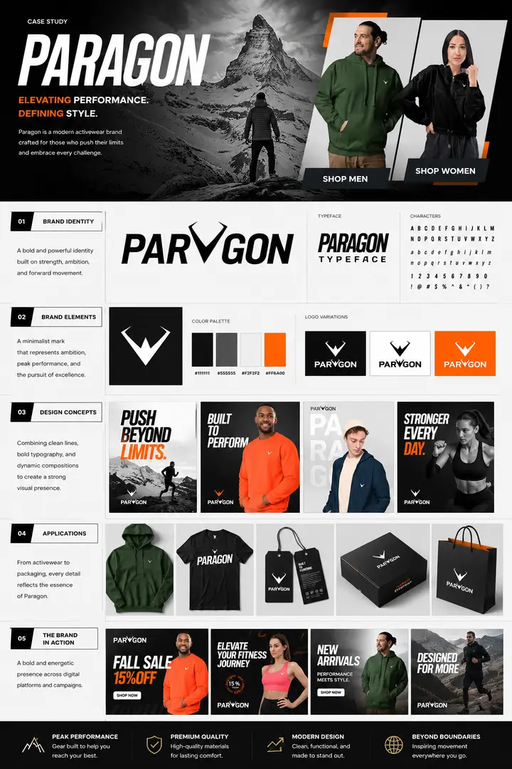 Paragon performance apparel brand identity, custom typeface, hoodie and tee campaign and packaging