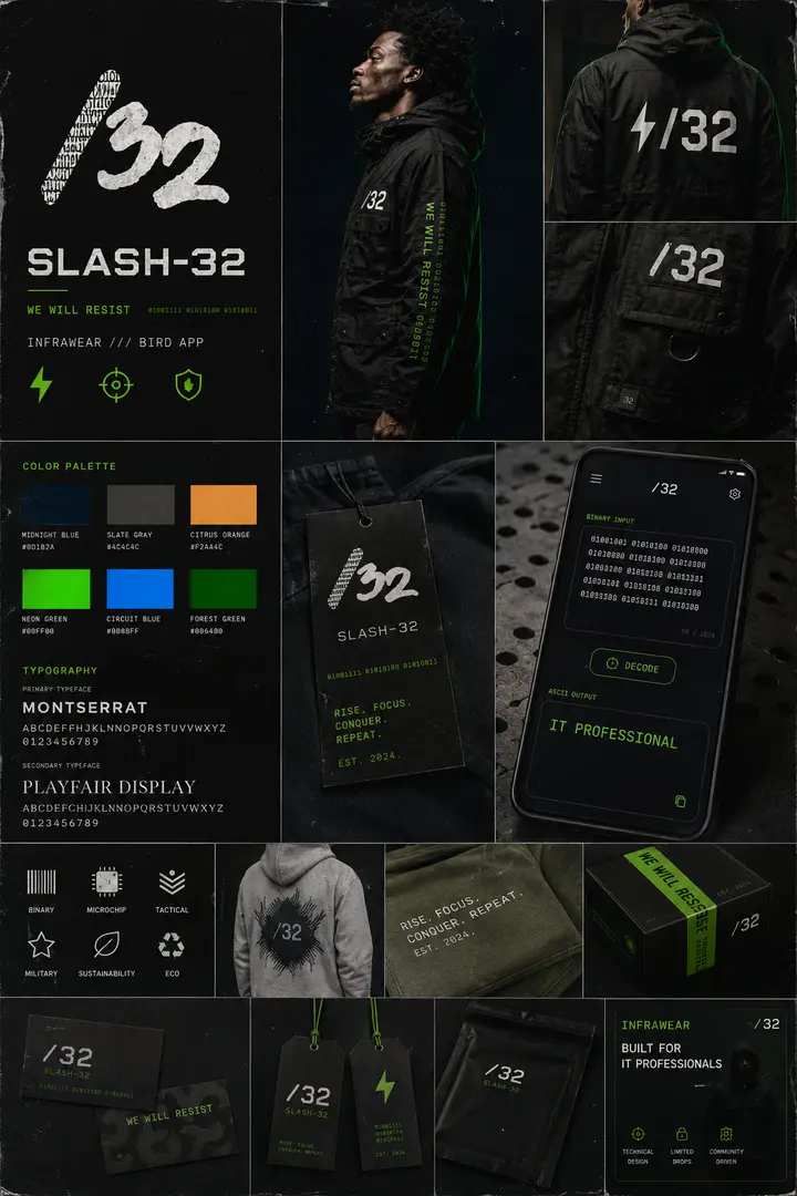 Slash-32 techwear brand identity with /32 monogram logo, color palette and merch mockups