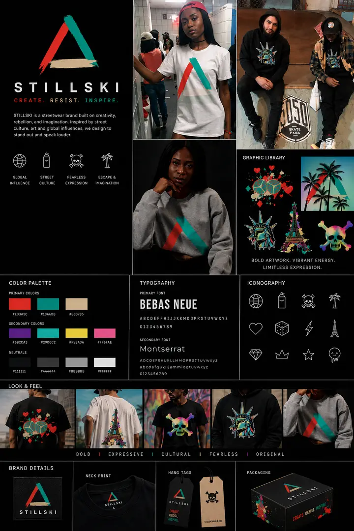 Stillski streetwear brand identity with graphic library and printed T-shirt designs
