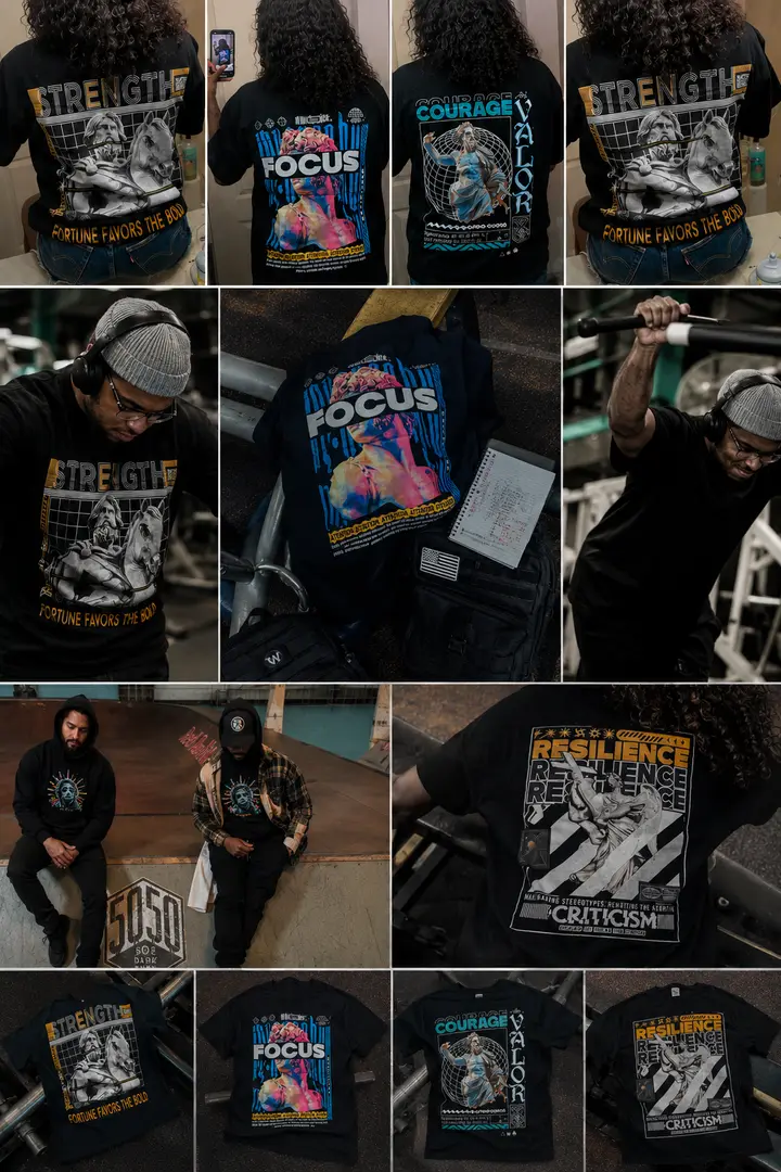 Streetwear graphic T-shirt designs: Courage, Focus, Strength and Resilience print series